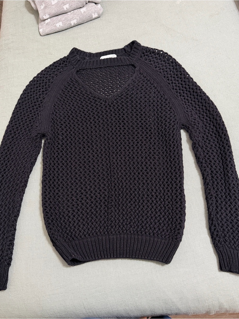 Women’s XS Black Waffle Knit Chocker Neckline Crochet Chunky Pullover Sweater